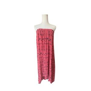 Free People Strapless Midi Dress in Coral with Black Print